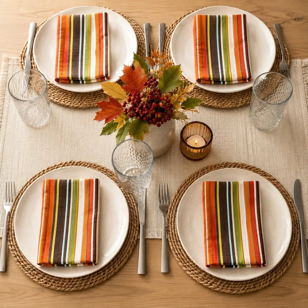 Set of 4 Striped Cotton Napkins Orange Brown Green Multi Color Fall Thanksgiving